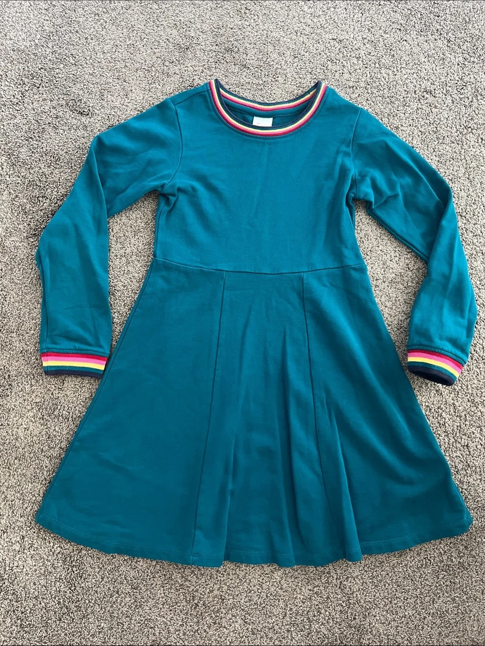 Hanna Andersson Teal Long-Sleeve Dress with Rainbow Trim